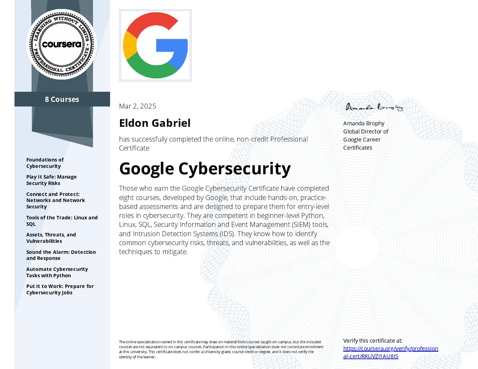 Google Cybersecurity Professional Certificate